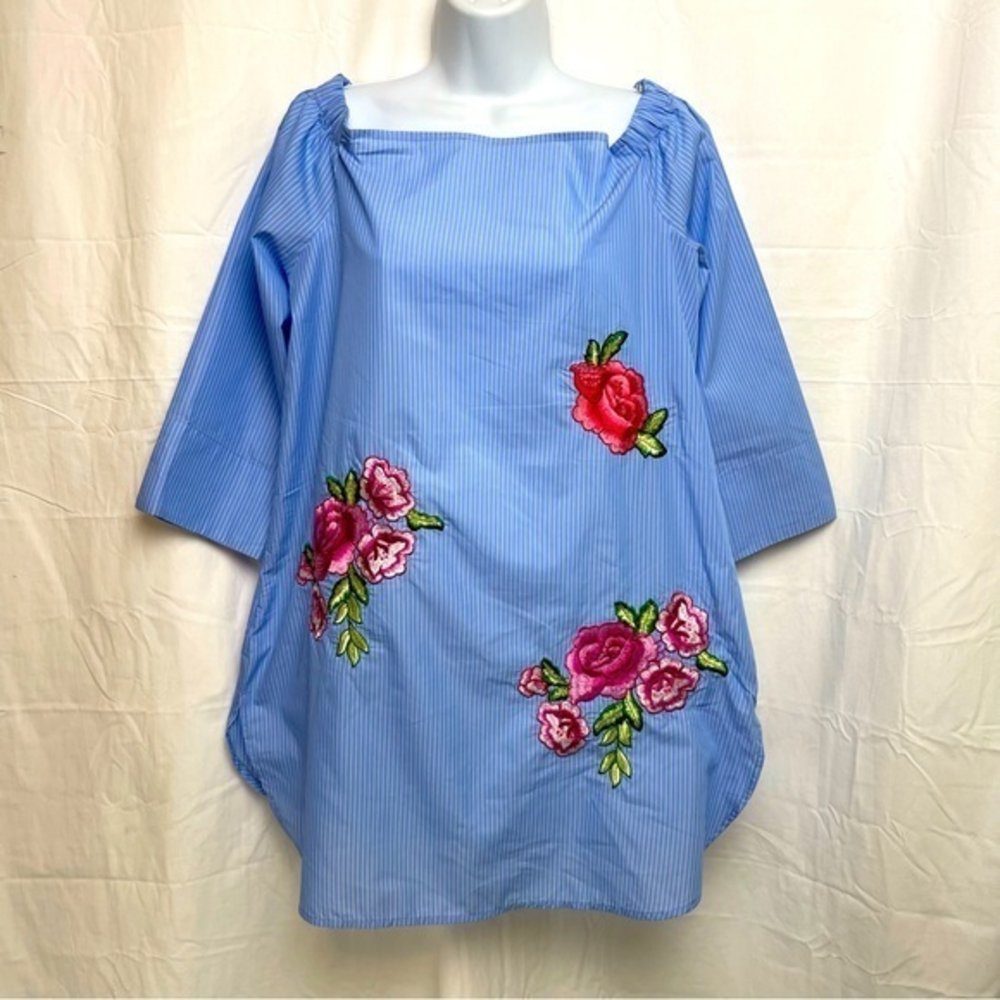 Grand & Green Lt.Blue White Stripes Rose Embroidery Off Shoulder Tunic Sz.Medium